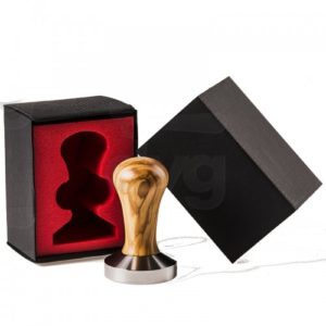 "COMPETITION" CLASS COFFEE TAMPER, OLIVE TREE HANDLE WITH S. STEEL FLAT BASE D.58,5